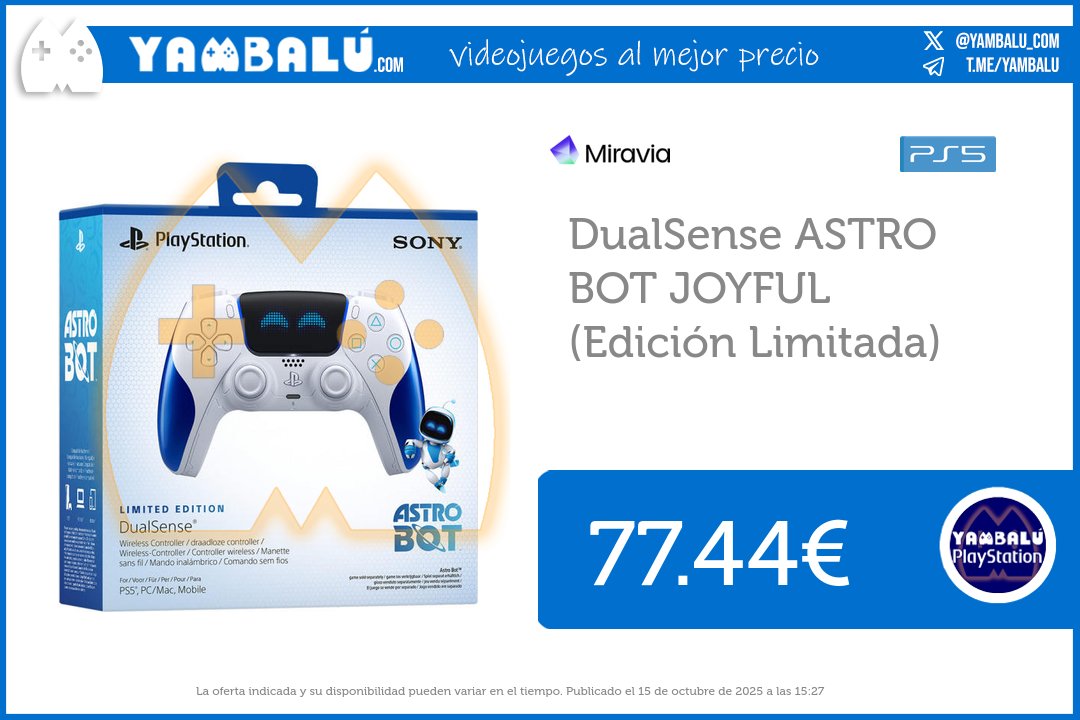 yambalu_com's tweet photo. Oferta para PS5: DualSense ASTRO BOT JOYFUL (Edición Limitada)

✅ 77.44€ 
✂️ Aplica el cupón de la tienda para aplicar el descuento

🛒 Comprar en Miravia: https://t.co/NiNkCXamOL https://t.co/CpgwgPbJlo