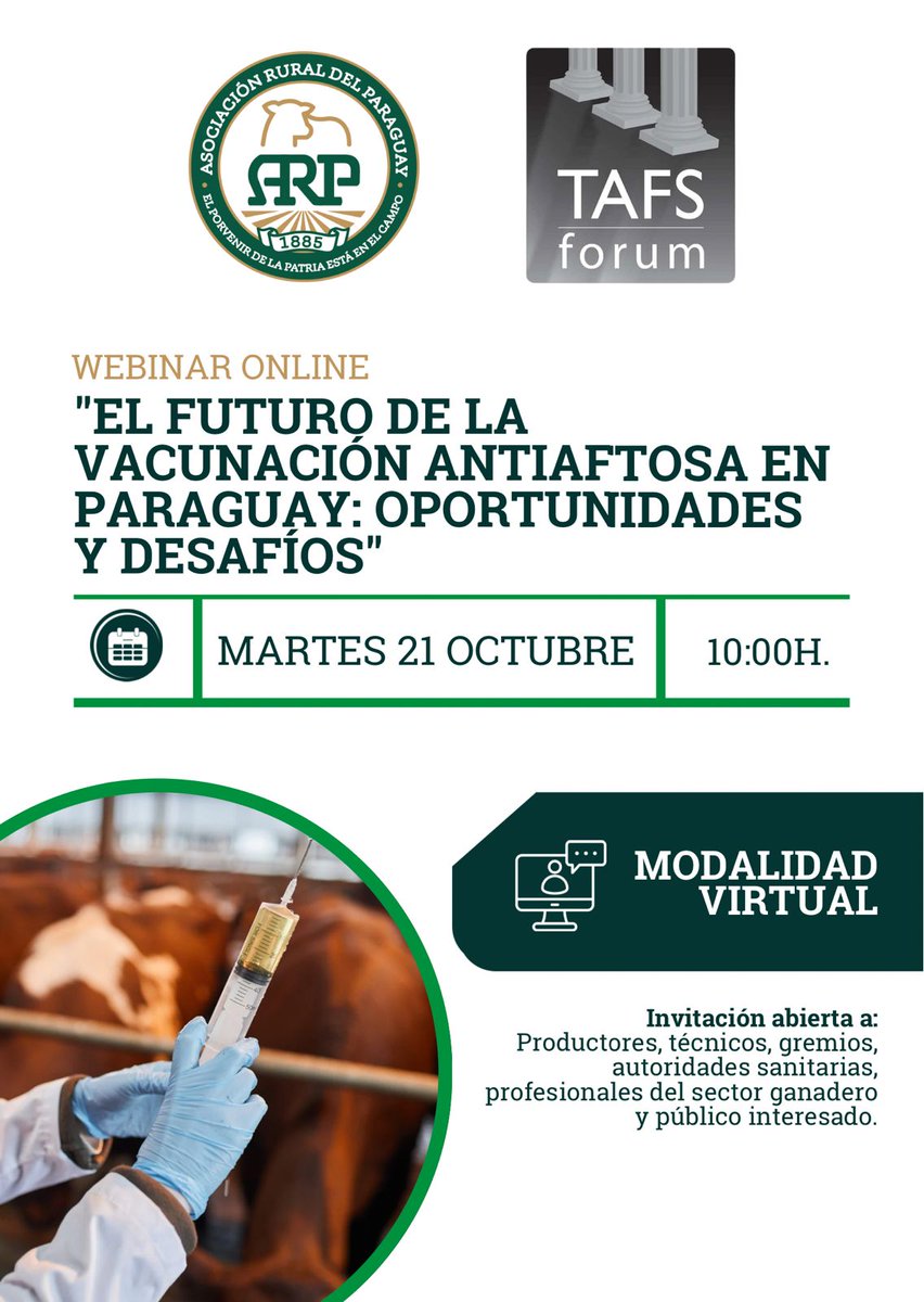 arp_py's tweet image. Webinar: "El Futuro de la Vacunación Antiaftosa en Paraguay: Oportunidades y Desafíos"
🔔 Organizado por ARP y el TAFS Forum.
🗓 Fecha: Martes 21 de octubre de 2025
⏰ Hora: 10:00 a 12:00 horas
Para recibir el enlace de registro, envía un mensaje al 0985 909 179. 📲