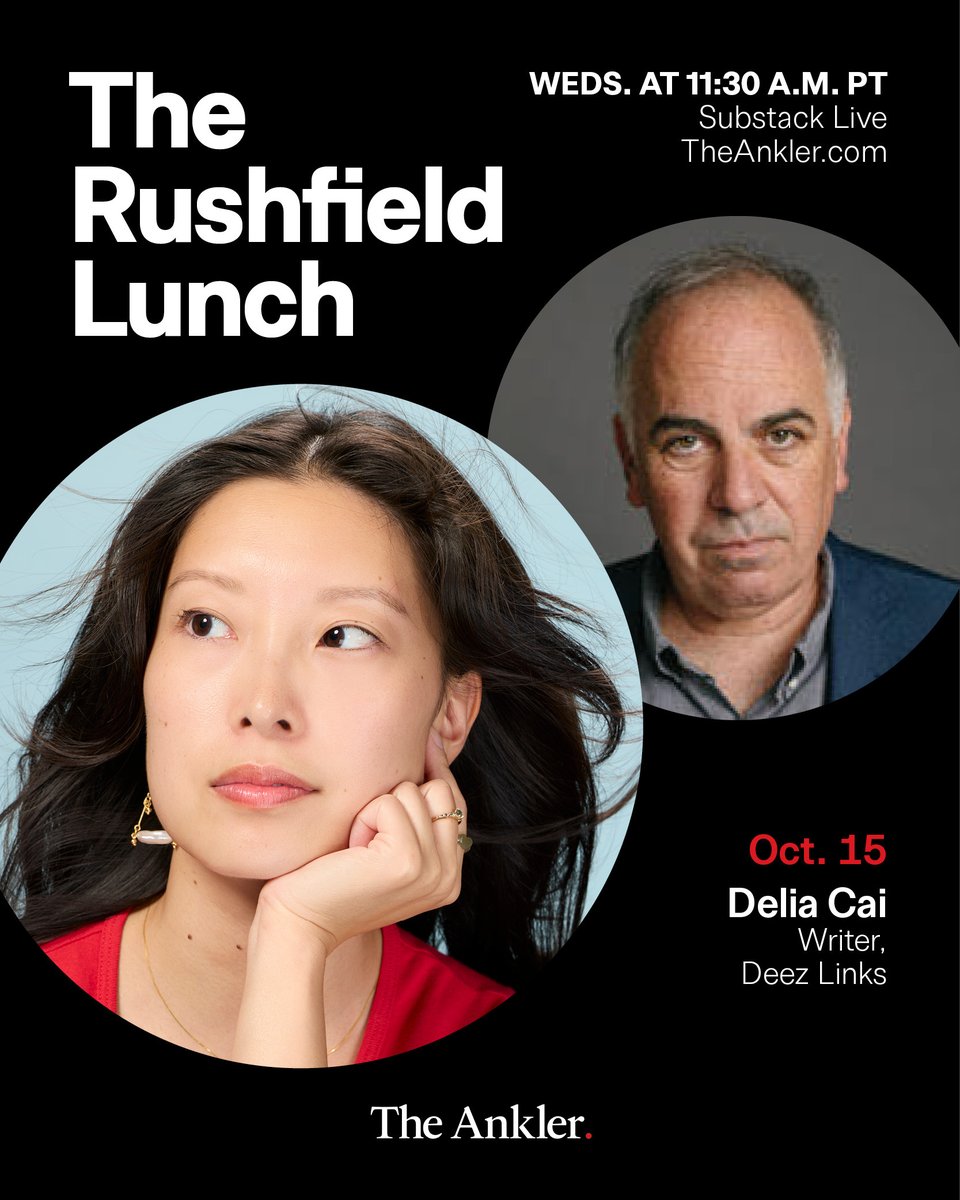 TheAnkler's tweet image. TODAY AT 11:30AM PT: @richardrushfield welcomes one of the internet's bright lights: @delia_cai, writer of the unmissable Deez Links newsletter to The Rushfield Lunch. Join their conversation on Substack Live: open.substack.com/live-stream/68…