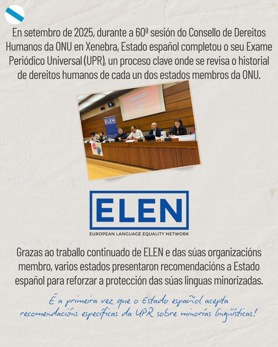 📢Avances de ELEN e <a href="/amesanl/">A Mesa Normalización Lingüística</a> na #ONU.

O Estado español adopta recomendacións para protexer as súas linguas minorizades no Consello de Dereitos Humanos de ONU.

👉Detalles en Instagram: instagram.com/p/DPzM2iNjGfq/…

#ELEN2025 <a href="/GlennMicallef/">Glenn Micallef</a> #Galego
