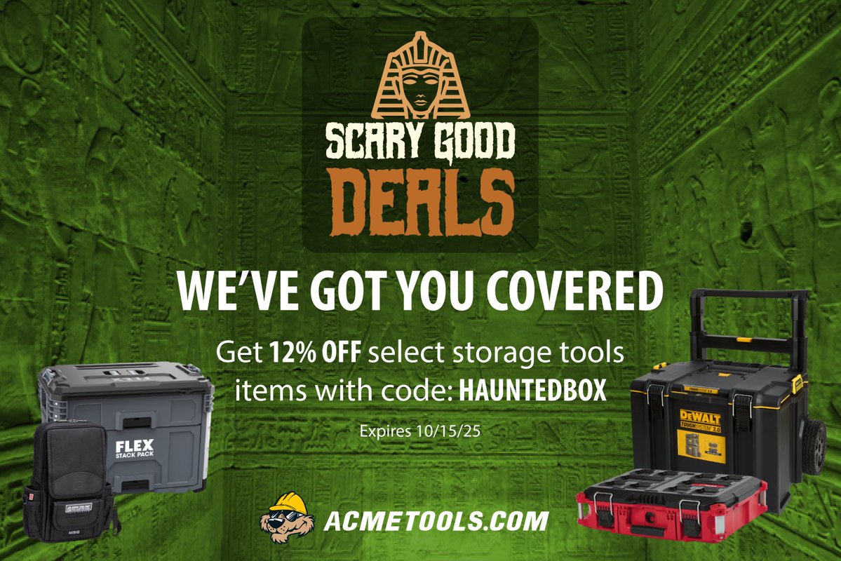Scary Good Deals Day 3: 12% OFF Tool Storage! 🗄️👻

Save 12% on select tool storage items when you use code: HAUNTEDBOX

Don't wait—this deal vanishes tonight, October 15th, at 11:59 PM CT!

LINK: acmetools.com/all/?pmid=25b2…

#toolstorage #toolorganization #sale #construction #diy