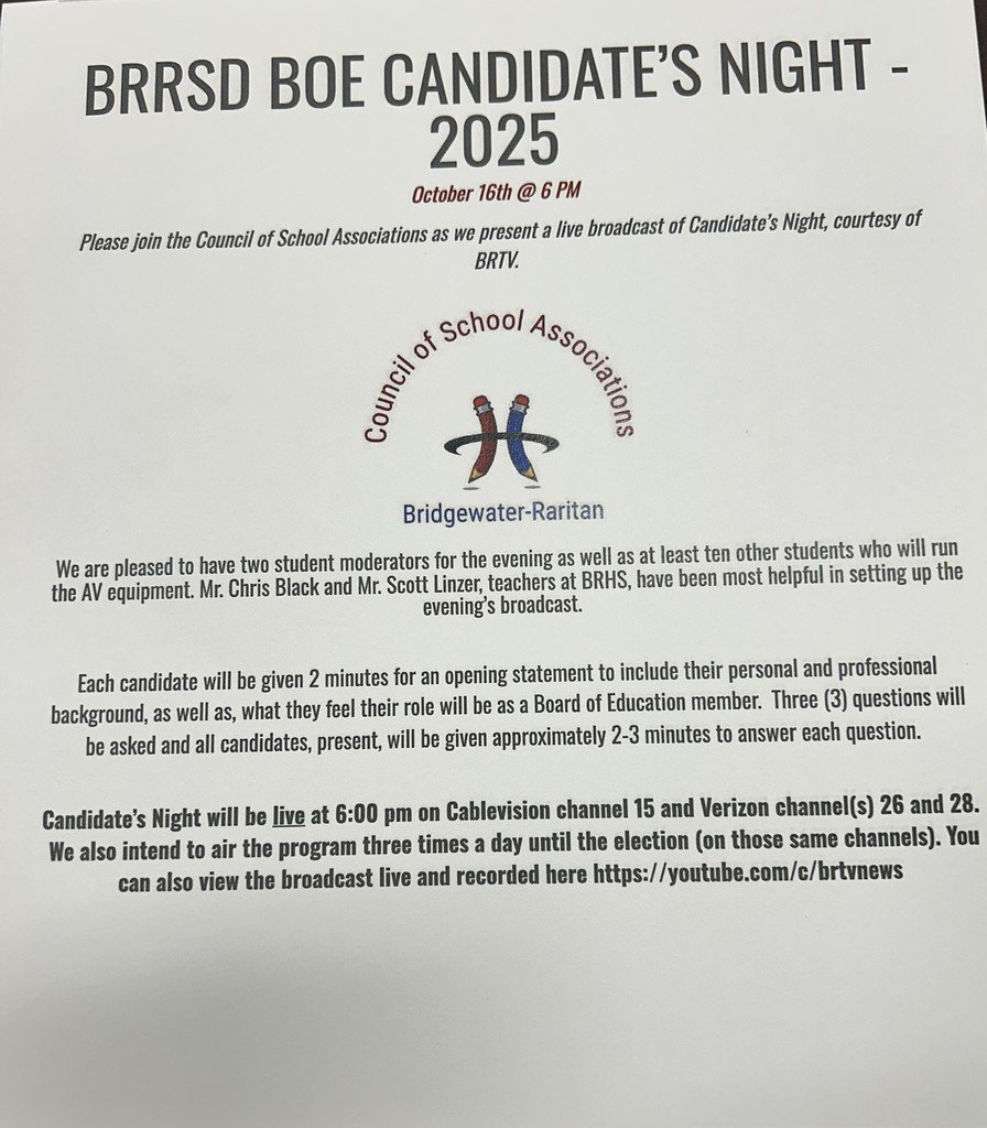 BRRSD Communications (@brrsdcomm) on Twitter photo Thursday, October 16, will provide an opportunity for residents to watch the Bridgewater-Raritan Regional School District Board of Education Candidates Night. The event is sponsored by the Council of Schools Association and presented by the high school's BRTV. Thursday, October 16, will provide an opportunity for residents to watch the Bridgewater-Raritan Regional School District Board of Education Candidates Night. The event is sponsored by the Council of Schools Association and presented by the high school's BRTV.
