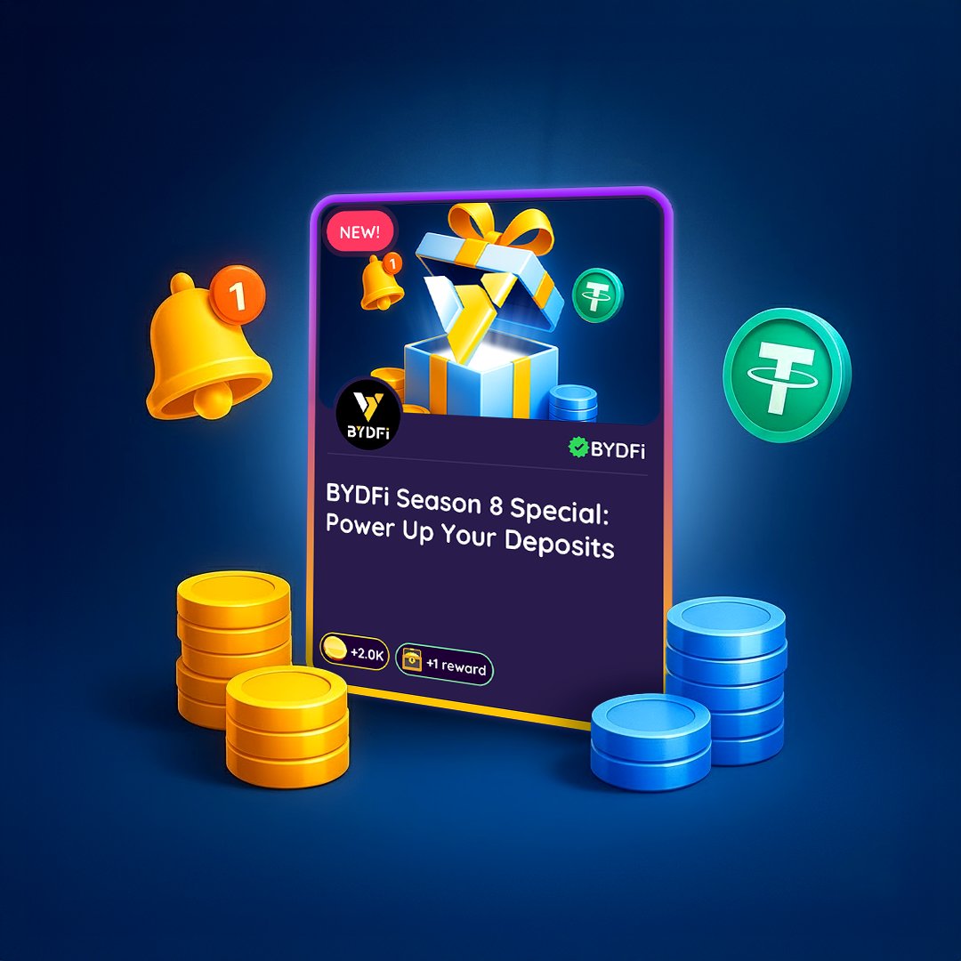 BitDegree's tweet image. Season 8 partner @BYDFi is live with an exciting Mission 🔥

BYDFi Season 8 Special: Power Up Your Deposits

Reward: up to a 2,000 Deposit Bonus + 2,000 Bits 💸

START NOW → bitdegree.org/guilds/bydfi/b…