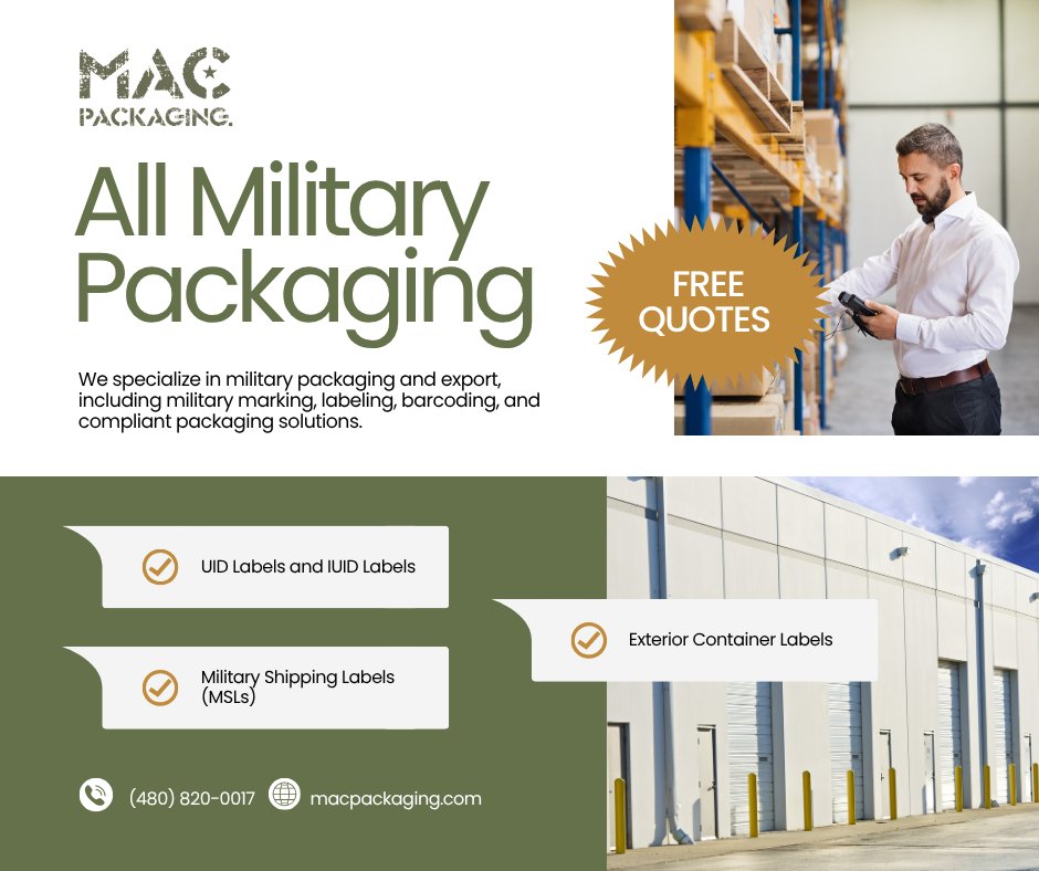 All Military Packaging Solutions
We specialize in military packaging and export, including military marking, labeling, barcoding, and compliant packaging solutions.

Contact us: macpackaging.com

#packaging #military #milspecpackaging #milspec #shippingindustry #shipping