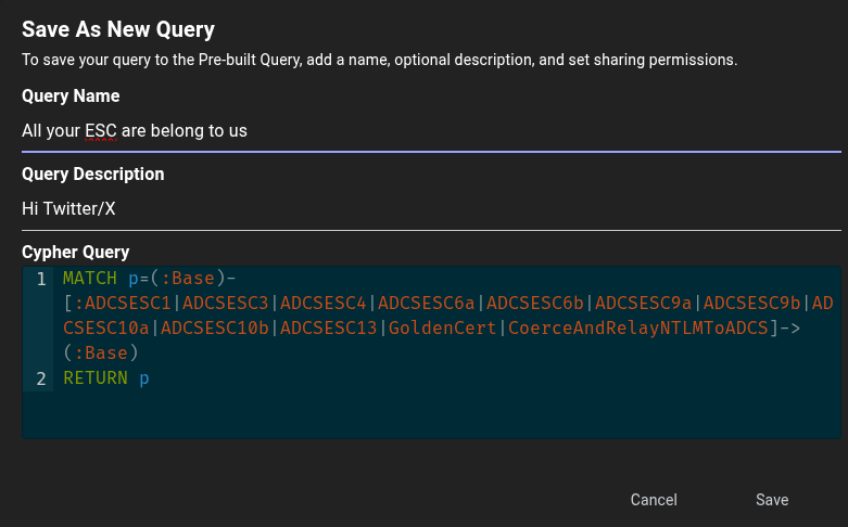 sekurlsa_pw's tweet image. 93 custom queries of 189 in total at the Bloodhound queries site:
queries.specterops.io
The last Bloodhound update also has a new user interface for the queries menu.