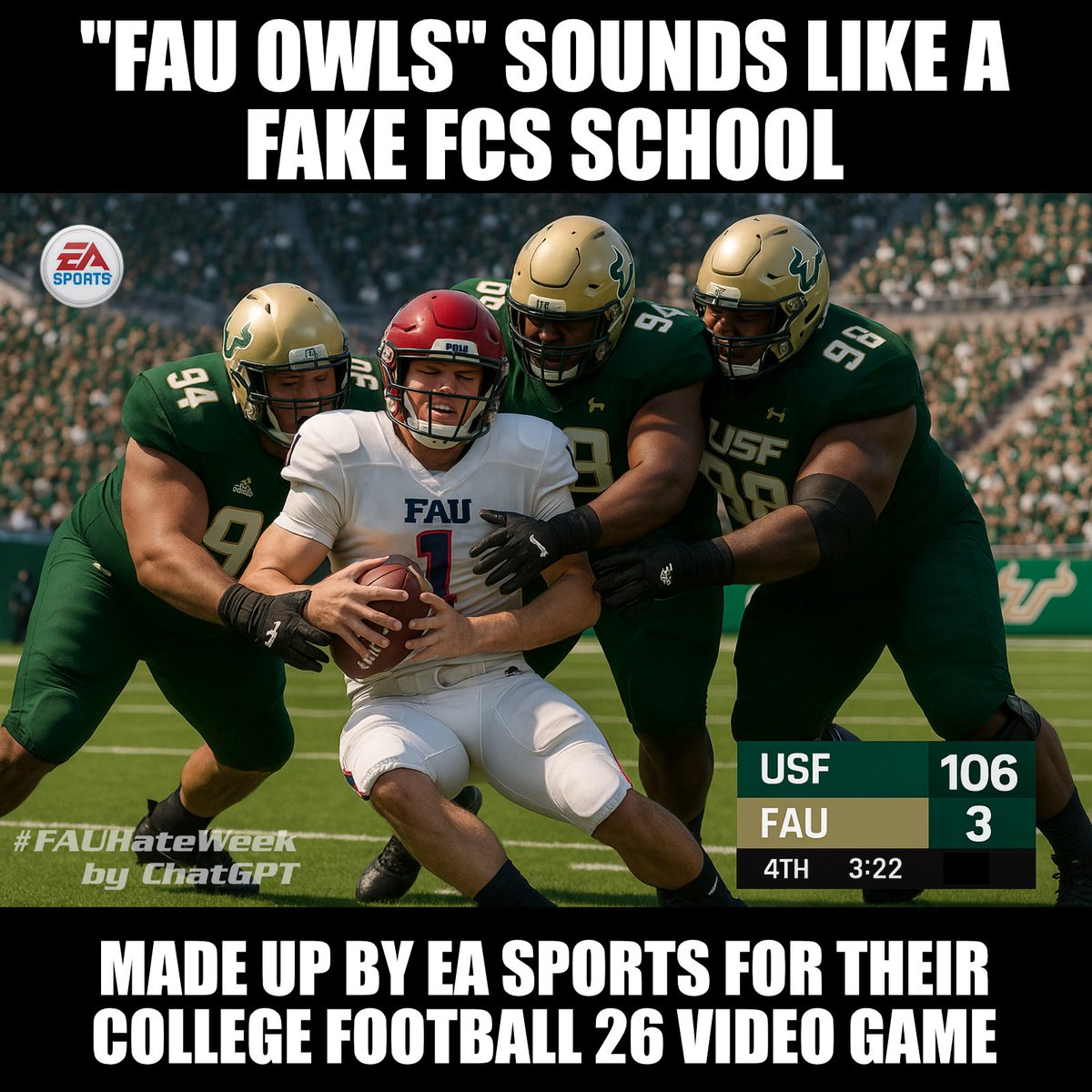 UCF_Collapse's tweet photo. #FAUHateWeek continues today, but they're too lame and needy to waste anytime on. To save time, I've outsourced my Hate Week memes to ChatGPT so I can focus on more challenging things, like organizing my pantry. Here's ChatGPT #FAUHateWeek meme number 3. https://t.co/9AG0dqlYFz