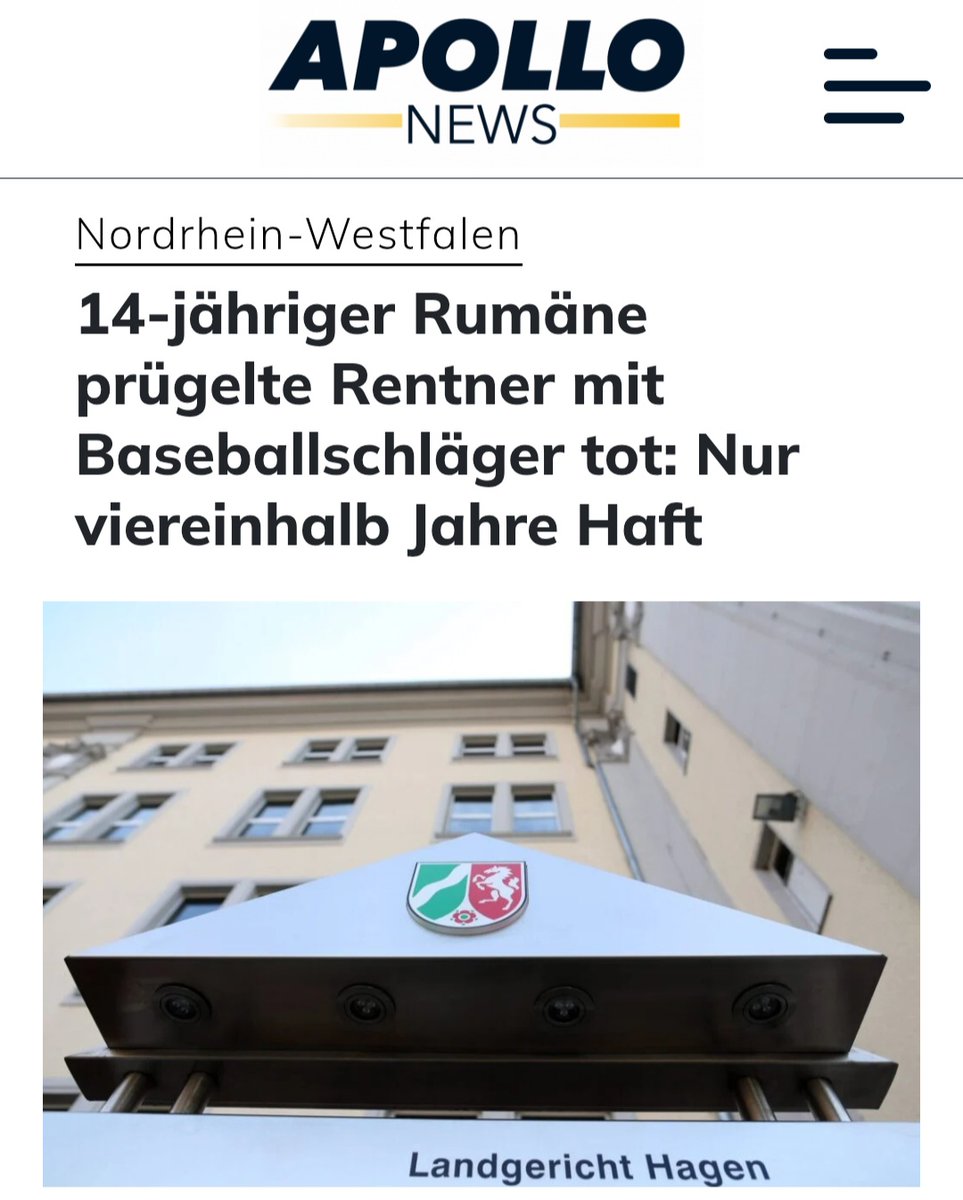In einer Sylvesternacht brachen mehrere Jugendliche in die Wohnung eines Rentners ein.
Ein damals 14-jähriger prügelte den Mann mit einem Baseballschläger tot.
Das Landgericht Hagen fand, das sei gar nicht so schlimm und verurteilte den Täter zu 4,5 Jahren Haft!
UNFASSBAR! 🤬🤬🤬