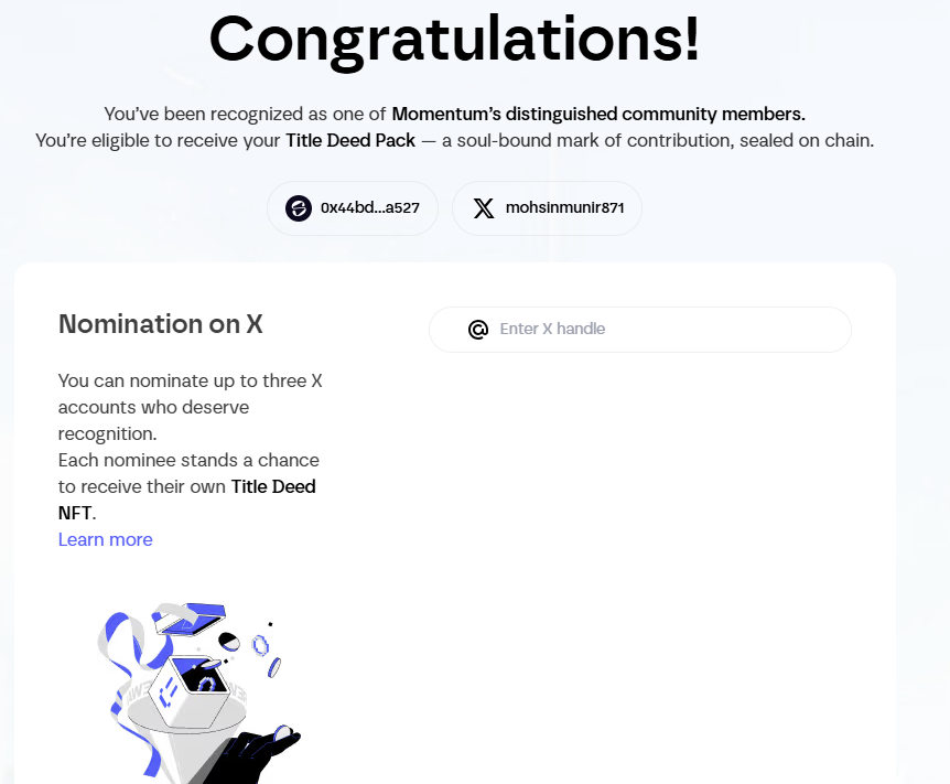 mohsinmunir871's tweet image. 🎉 Alhumdulillah!
I stand eligible for the Momentum Deeds NFT 🪷
Now I can nominate 3 more people to receive their own Deed NFT 👇
Rules are simple:
✅ Follow me
✅ Like ❤️ this post
✅ say something funny in comment
✅ Retweet 🔁
I’ll do a raffle and pick 3 winners soon! 🏆…