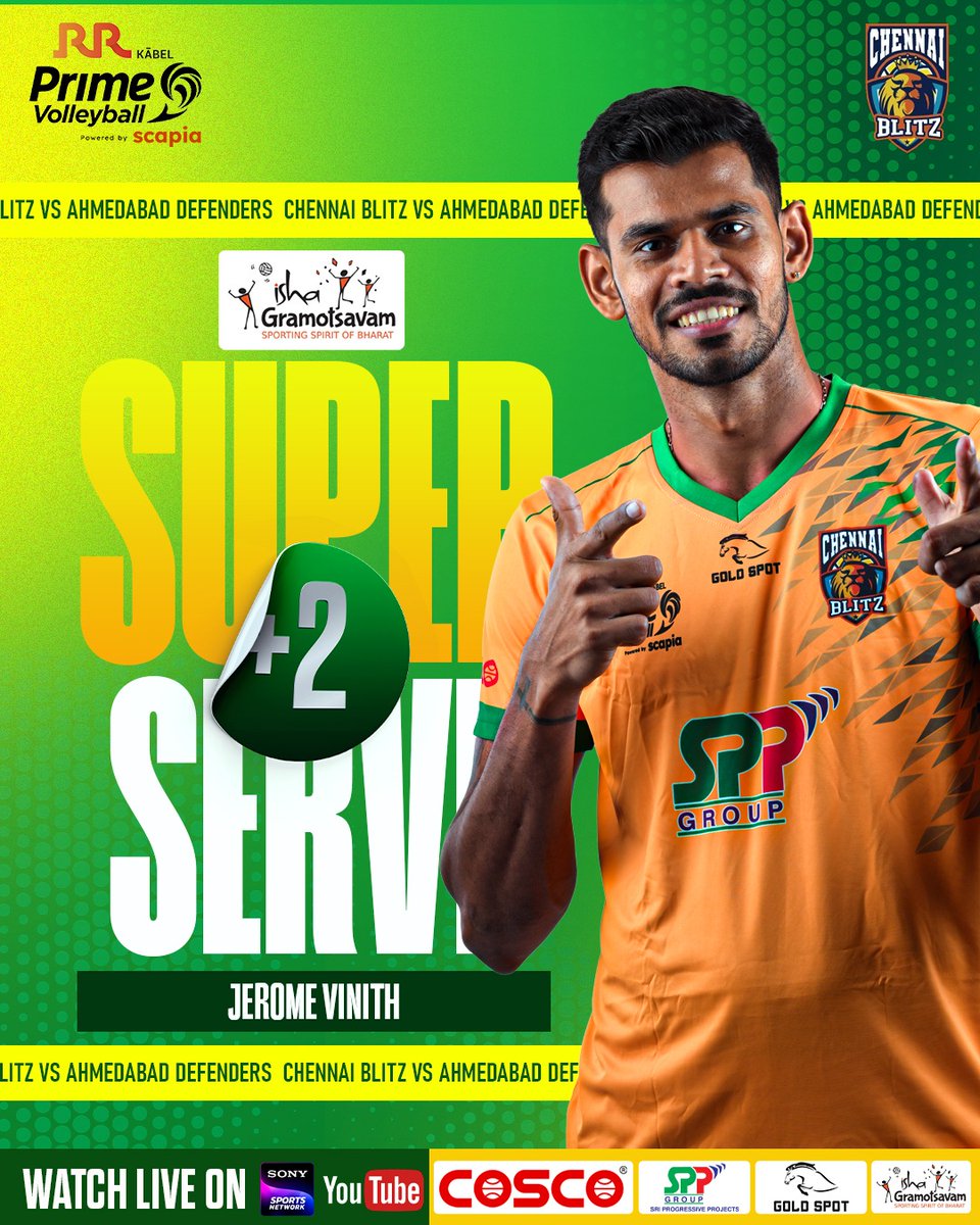 ChennaiBlitz's tweet photo. β‘ Jerome Vinith β serving fire, scoring pride!
#SuperServe #BlitzPower #RoarWithPride #LionUp #ChennaiBlitz #ServeAndStrike #GameChanger #PowerPlay #VolleyVibes https://t.co/oByaD8F3yo