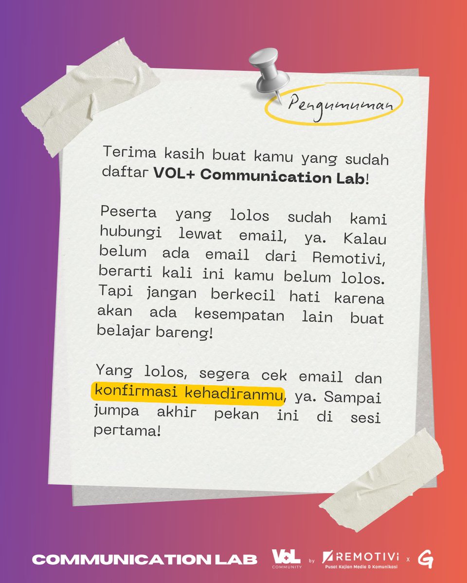 remotivi's tweet image. PENDAFTARAN #CommunicationLab DITUTUP 🔒

Silakan cek email masing-masing, yaaa. Sampai jumpa di grup, teman-teman 😁. Udah nggak sabar selama satu bulan ke depan kita bakal bikin apa aja yaaa ✨✨