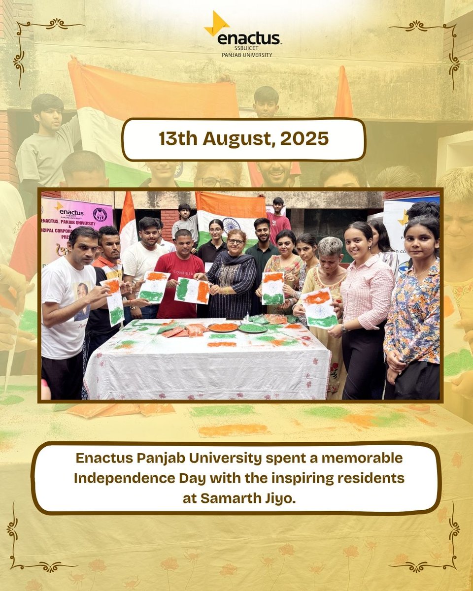Enactus Panjab University celebrated Independence Day with the lovely souls of Samarth Jiyo through a Pad Donation Drive, Flag Painting, and dance — spreading love, joy, and togetherness.