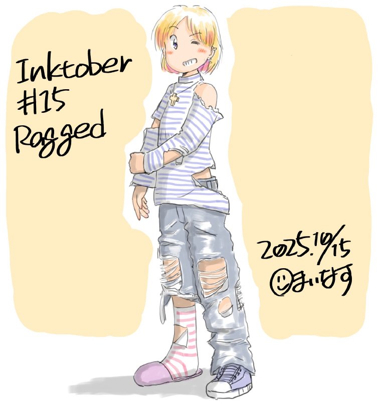 Day15 Ragged 
FireAlpaca7日目 水彩とかいろいろ試してる
「ダメージ加工してみたYo!」
「やりすぎだろ!犯罪の匂いしかしねえ」の図
#Inktober 
#Inktober2025 