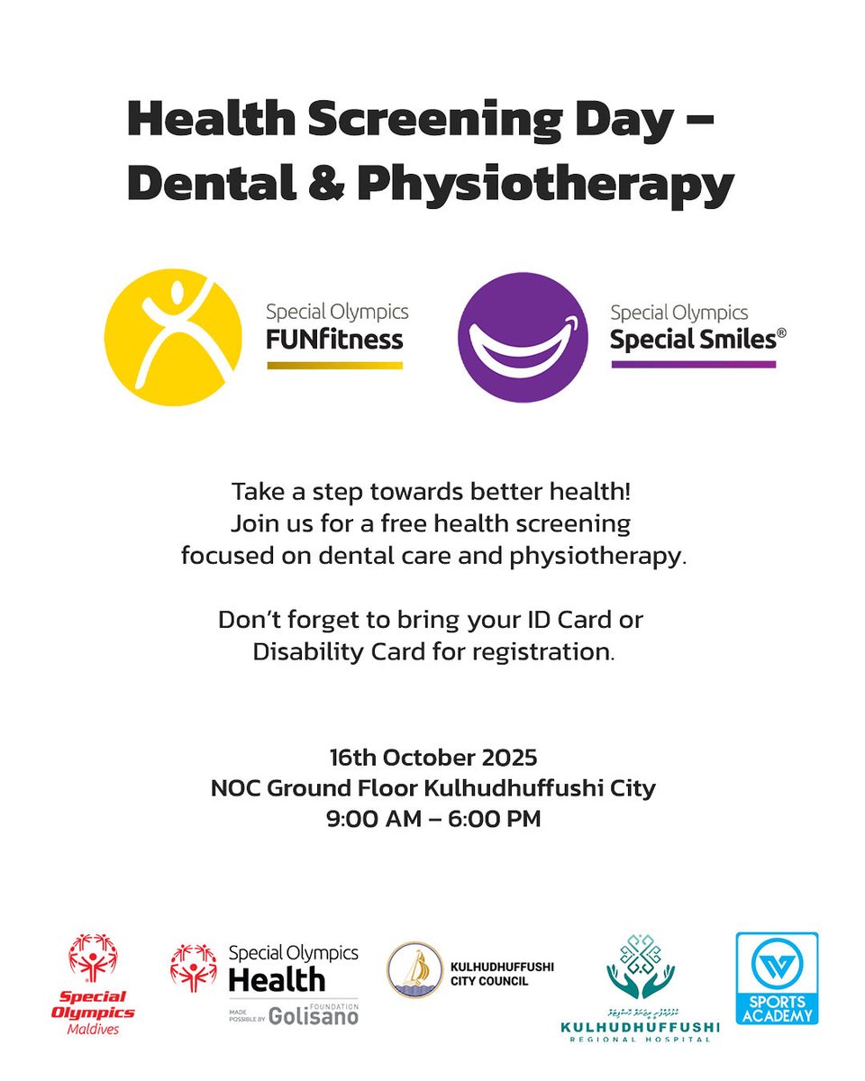 Take a step towards better health! Join us for a free health screening focused on dental care and physiotherapy. 

Date: 16th October 2025
Venue: NOC Ground Floor, Kulhudhuffushi City
Time: 9:00 AM - 6:00 PM

Your health matters, come get checked, stay active, and keep smiling!