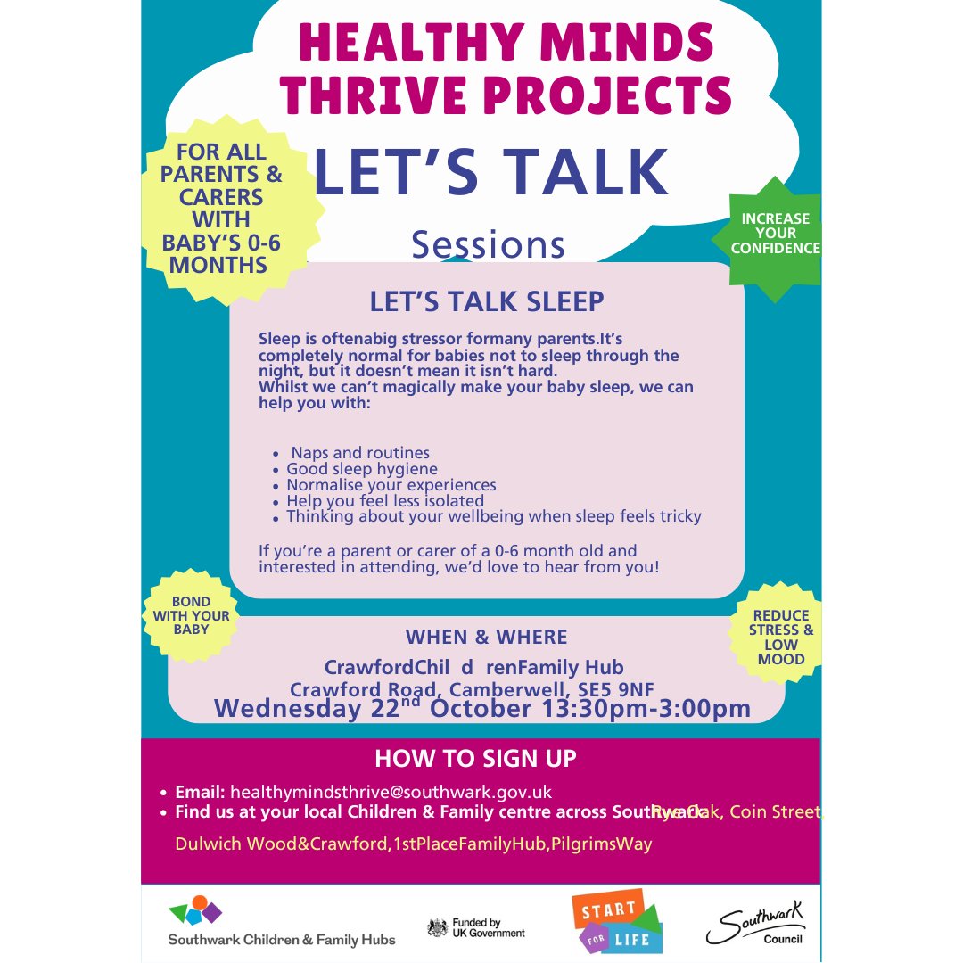 C_D_cfc's tweet image. Let’s Talk Sleep 😴

We know how tough those sleepless nights can be — you’re not alone! 💛
Join our Healthy Minds Thrive session at Crawford Children &amp;amp; Family Hub on Wednesday 22 October, 1:30–3:00pm, where we’ll chat all things baby sleep