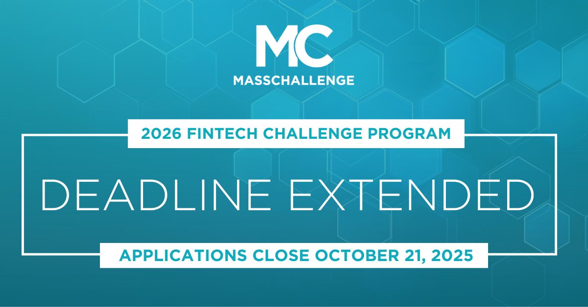 MassChallenge's tweet image. Deadline extended → Oct 21 
 
The 2026 MassChallenge FinTech Challenge is your path from pitch to pilot. 
Apply now → masschallenge.org/2026-fintech-c…

#MassChallenge #FinTechChallenge #PilotReady