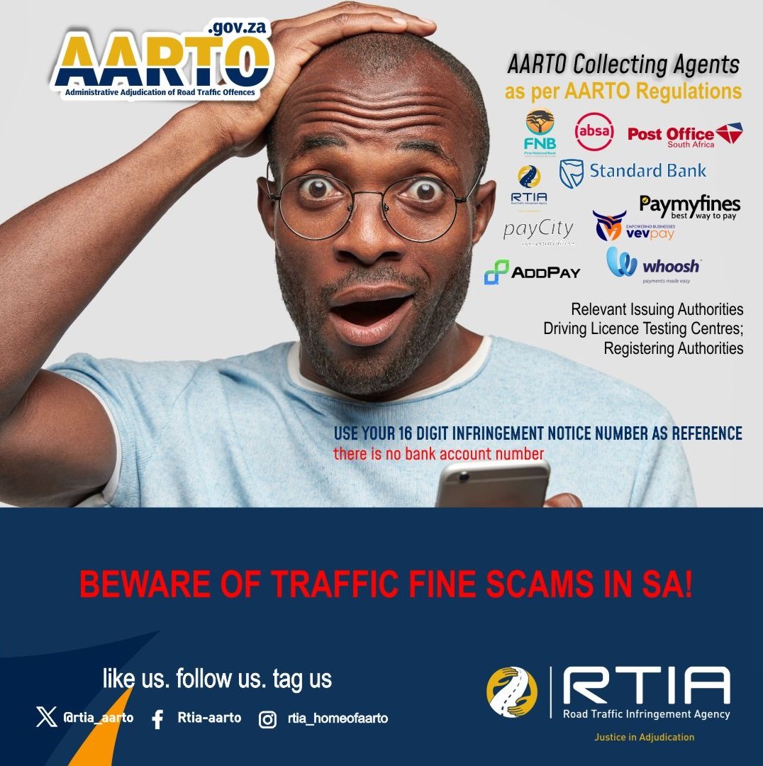 rtia_aarto's tweet image. ⚠️ South African motorists, listen up! Scammers are on the prowl with fake traffic fines! 🚨 Always use AARTO approved collecting agents for your payments to stay safe. Don’t let fraudsters get the best of you! Tag a friend to keep them informed! #FraudAwareness #DriveSafe #AARTO