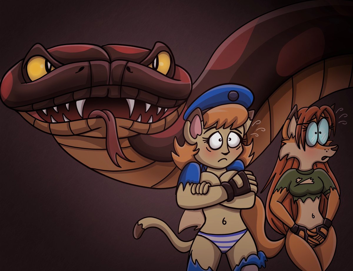 #Inktober2025 #inktober_perfectchallenge2025 

Prompt 15: Ragged.
Ruth and Val as RE1’s Jill and Rebecca escaping from Umbrella Mansion with only ragged clothes on after so many zombie n mutant attacks. But that darn snake just found them….