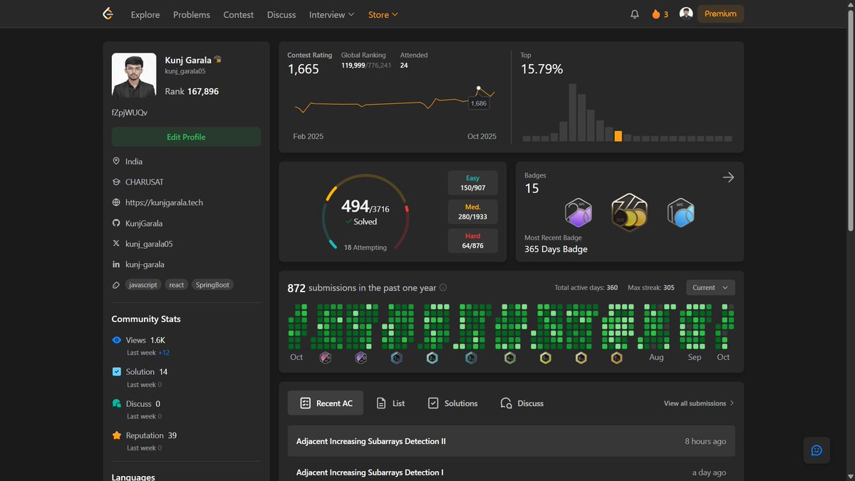 kunj_garala05's tweet image. Solved 494 @LeetCode problems, with a peak contest rating of 1686, and in the top 15.79% of coders! Just 6 problems to go for 500. Stay consistent, keep pushing, and let’s conquer those coding challenges together, friends! #CodingJourney #LeetCode