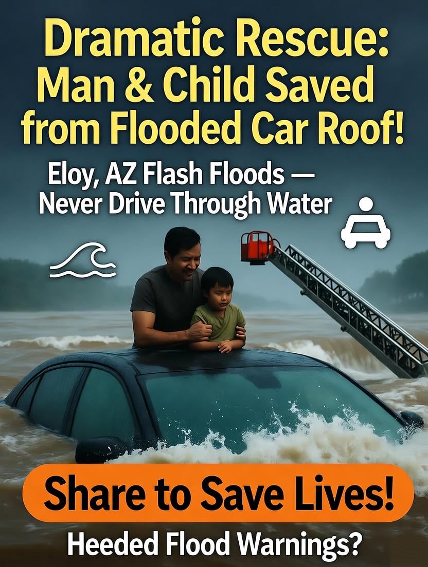 zapliber's tweet photo. A man and a child were rescued from the roof of their car after fast-moving floodwaters trapped them in Arizona. Emergency crews reached them just in time as the strong current swept through the area. https://t.co/LRPLWxx0s1