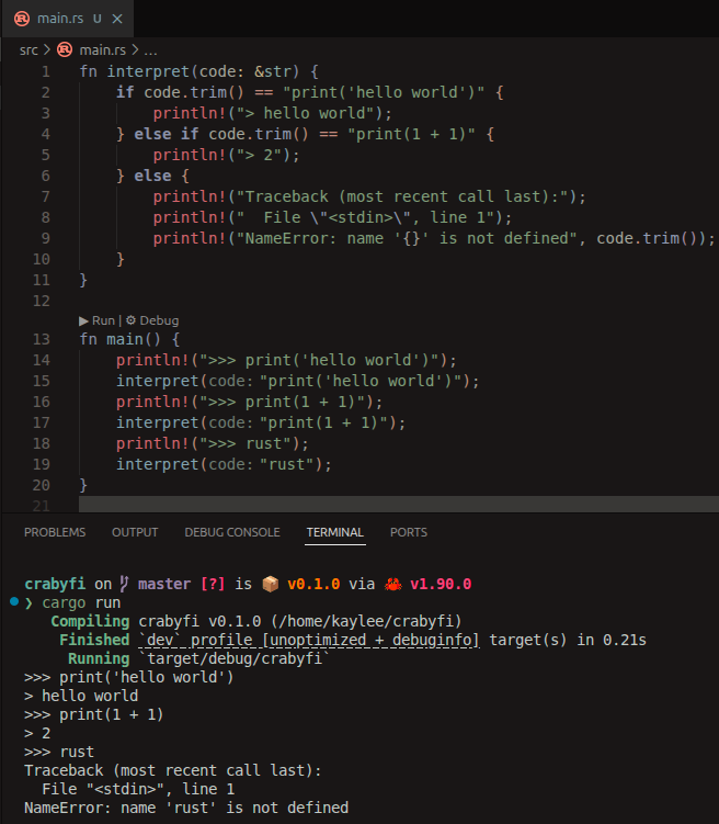 kayleecodez's tweet image. rewrote python in rust. supports print() and identity crisis🤑