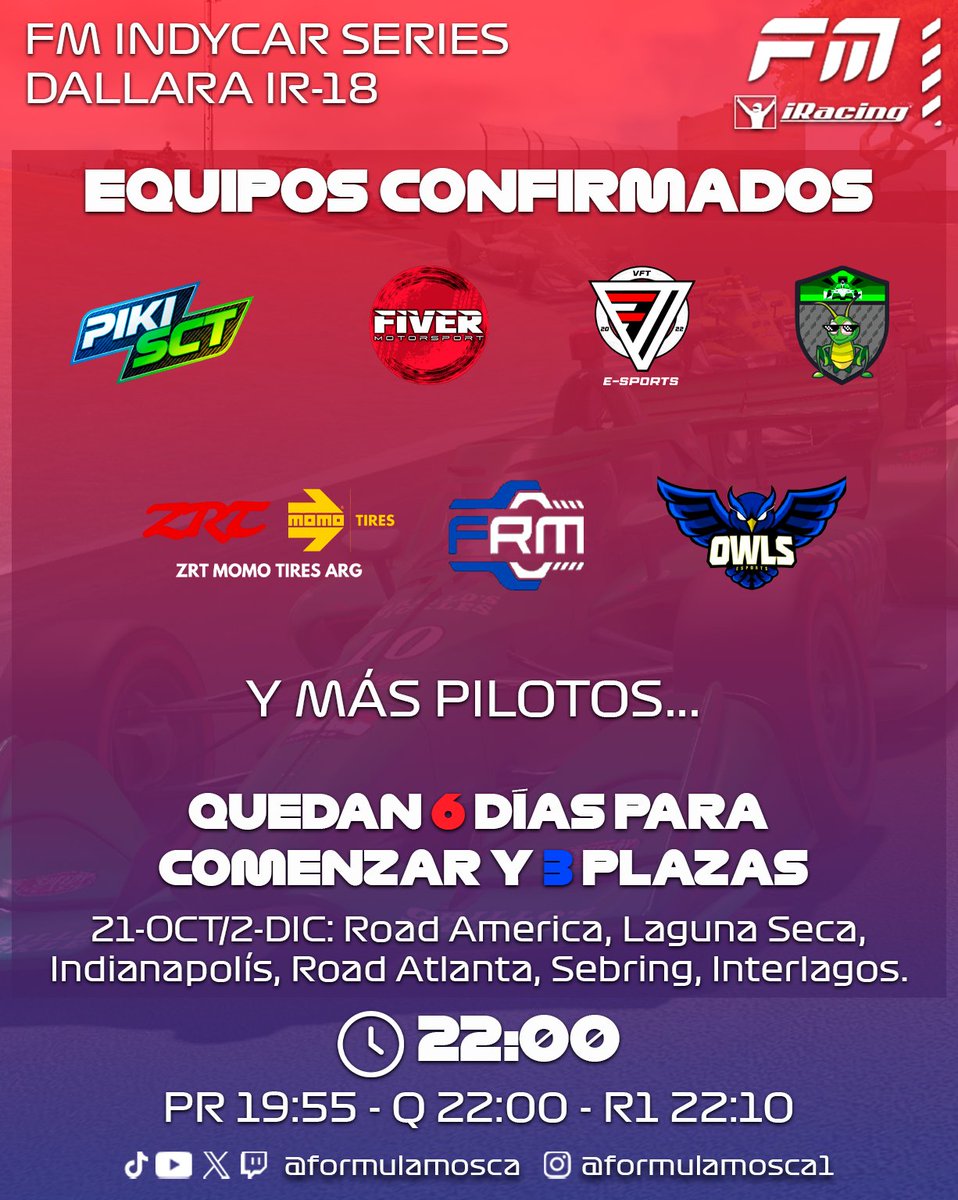 Fórmula Mosca (@formulamosca) on Twitter photo #FMT11 | INDYCAR SERIES
📅Ya quedan 6⃣ días y 3⃣ plazas disponibles. Por lo que toca un repaso a los Equipos.
🔥Algunos que ya hemos visto anteriormente, otros se estrenarán junto a un grupo de pilotos adicionales que pondrán salsa a las carreras.
📮forms.gle/tQnqZxkaAooGnJ… #FMT11 | INDYCAR SERIES
📅Ya quedan 6⃣ días y 3⃣ plazas disponibles. Por lo que toca un repaso a los Equipos.
🔥Algunos que ya hemos visto anteriormente, otros se estrenarán junto a un grupo de pilotos adicionales que pondrán salsa a las carreras.
📮forms.gle/tQnqZxkaAooGnJ…