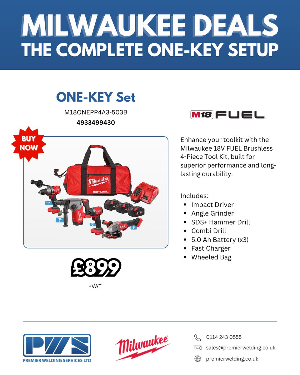 The Milwaukee ONE-KEY 4-Piece Tool Kit is available now at Premier Welding.

Includes an Impact Driver, Angle Grinder, SDS+ Hammer Drill, and Combi Drill, all featuring ONE-KEY technology for advanced tracking, customisation and control.

Buy now 👉shorturl.at/5nJ7Z
