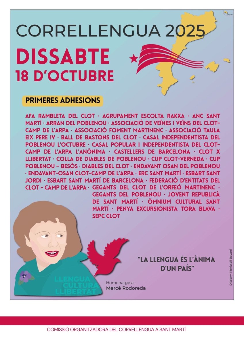 CORRELLENGUA ST. MARTI 2025
(<a href="/Correllenguastm/">Correllengua Sant Martí</a>) 

📅 DISSABTE 18-O

Inici
🕙10:30h
🕹️Pl. del Mercat del Clot.

Acte final i lectura manifest
🕐13:00h
🕹️Pl. Josep Maria Huertas Claveria

👇🏻
