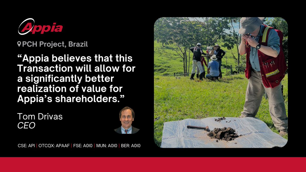 “Appia believes that this Transaction will allow for a significantly better realization of value for Appia’s shareholders.” Tom Drivas, CEO
📍 PCH Project, Brazil

Learn more 🔗 stockmkt.info/4g88jFJ 
🇨🇦 CSE: $API.CA | 🇺🇸 OTCQX: $APAAF  | 🇩🇪 FWB: A0I0