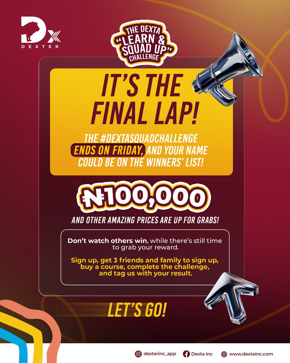 dextainc's tweet image. The clock is ticking, but the chance is still yours. 
End the week as a WINNER!

Visit app.dextainc.com to start the challenge and complete it by Friday.

 #dextasignup #skillchallenge #dextacourses #careertips #upskilling #dextasquadchallenge #skillstacking #skilltocash