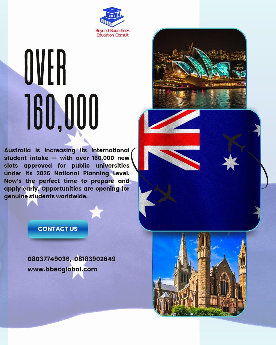 bbecglobal's tweet photo. Australia is increasing its international student. Now’s the perfect time to prepare and apply early — opportunities are opening for genuine students worldwide.
#BBECglobal
#StudyAbroad 
#UK #USA #Canada #Ireland #Malta #Lithuania #France #Australia #Germany #Spain #EU https://t.co/E6JfIG26XD