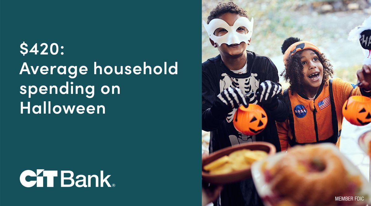 CITBank's tweet image. Americans who celebrate Halloween plan to spend an average of $420 per household this year. Sound scary?  Get our money-saving Halloween tips: cit.com/cit-bank/learn…