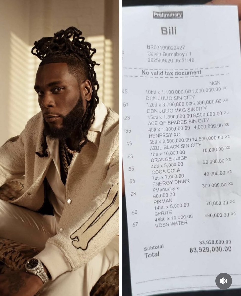 Bestileri's tweet image. Burna boy spent $83.9M in a club last night