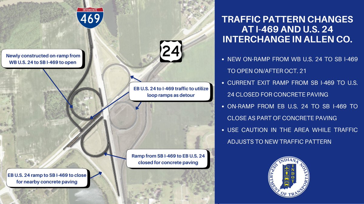The brand new loop ramp at I-469 and U.S. 24 in Allen Co. is getting ready to open next week. Watch for traffic pattern changes in the area as construction continues. Details: bit.ly/3W6Uu12