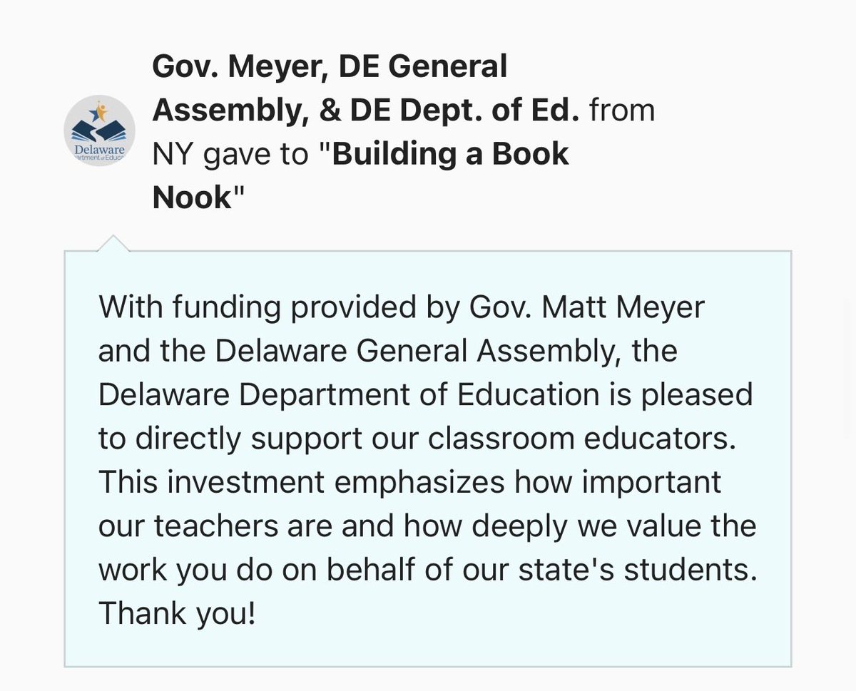 Thank you ❤️ <a href="/MattMeyerDE/">Governor Matt Meyer</a> and <a href="/DonorsChoose/">DonorsChoose</a> for supporting Delaware Educators by funding much needed supplies! We appreciate you! ✏️📚👩🏼‍🏫

#Teachersof𝕏