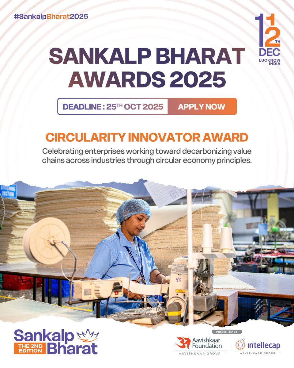 #SankalpBharat2025 |  Impact Meets Recognition

For 17+ yrs, we’ve honoured 200+ #ImpactEnterprises that have grown their biz.

This year, we celebrate Agri-Tech Pioneers , Climate Adaptation Champions &amp; Circularity Innovators 
Apply Now: ow.ly/Pzlz50XbLrX

 #SankalpAwards