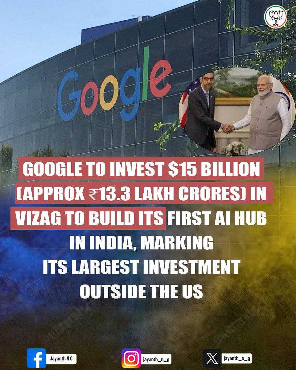 jayanth_updates's tweet photo. #JustModiThings✅ || Google will invest $15 billion over the next five years to establish an AI hub and 1-gigawatt data center campus in Visakhapatnam, India. This represents Google’s largest investment outside the United States. The project, announced on October 14, 2025, with partners AdaniConneX and Bharti Airtel, will be located in Andhra Pradesh and will also include a new international subsea cable gateway. 📈

The project is expected to create over 100,000 direct and indirect jobs. The Andhra Pradesh government estimates that it could generate approximately ₹10,000 crore in revenue for the state. 💵

@narendramodi @mygovindia @AshwiniVaishnaw @ncbn @naralokesh @nsitharaman @FinMinIndia @GoogleIndia