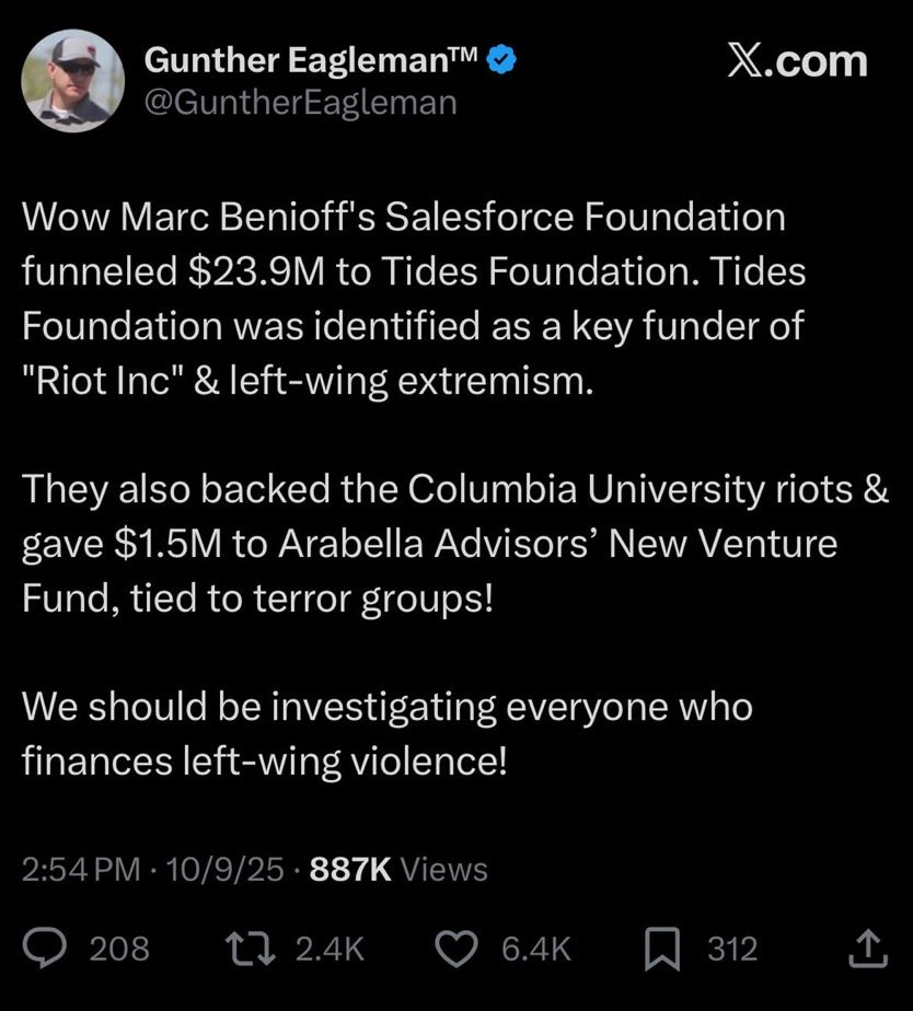 TonySeruga's tweet image. Yesterday at the White House, President Trump, Bondi, Noem, and Kash were briefed on the Tides Foundation & Arabella Advisors funding Left Wing extremism.
Now we learn the SalesForce Foundation (run by Marc Benioff) has been donating TENS OF MILLIONS to these groups.
So Marc…