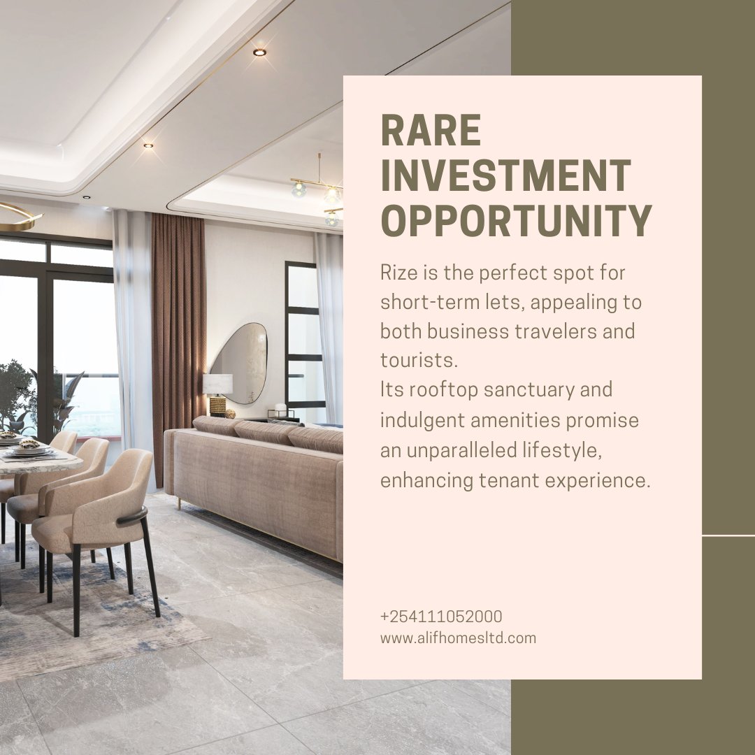 Invest in our new project, Rize, today. We have just started excavation, and as such, it provides you with a rare opportunity to invest at a significantly lower price than you would normally pay. You can call us at +254111052000 to book a unit.