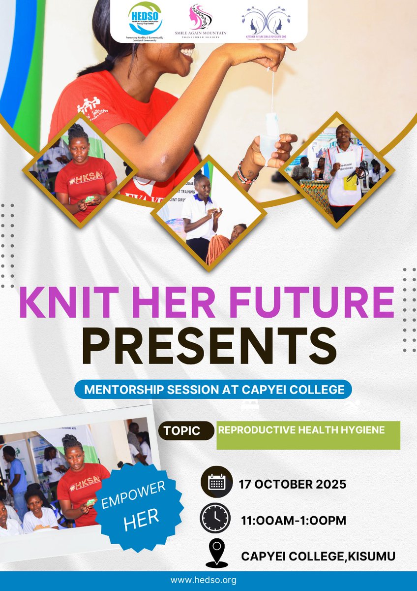 HEDSOorg's tweet photo. Coming soon!
This 17th Oct, the Knit Her Future Initiative heads to CAPYEI College, Kisumu for a mentorship session on Reproductive Health &amp; Hygiene.

Empowering girls with knowledge, confidence &amp; leadership! 
#KnitHerFuture #HEDSO #EmpowerHer #GirlPower #YouthEmpowerment https://t.co/2xLCnD0Wlp