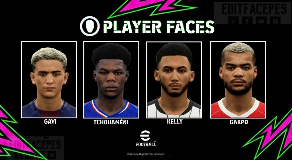 Some of new faces in #eFootball:
 
🇪🇸Gavi
🇫🇷Tchouaméni
🏴󠁧󠁢󠁥󠁮󠁧󠁿Kelly
🇳🇱Gakpo 

#NewFacesbyEditfacePes