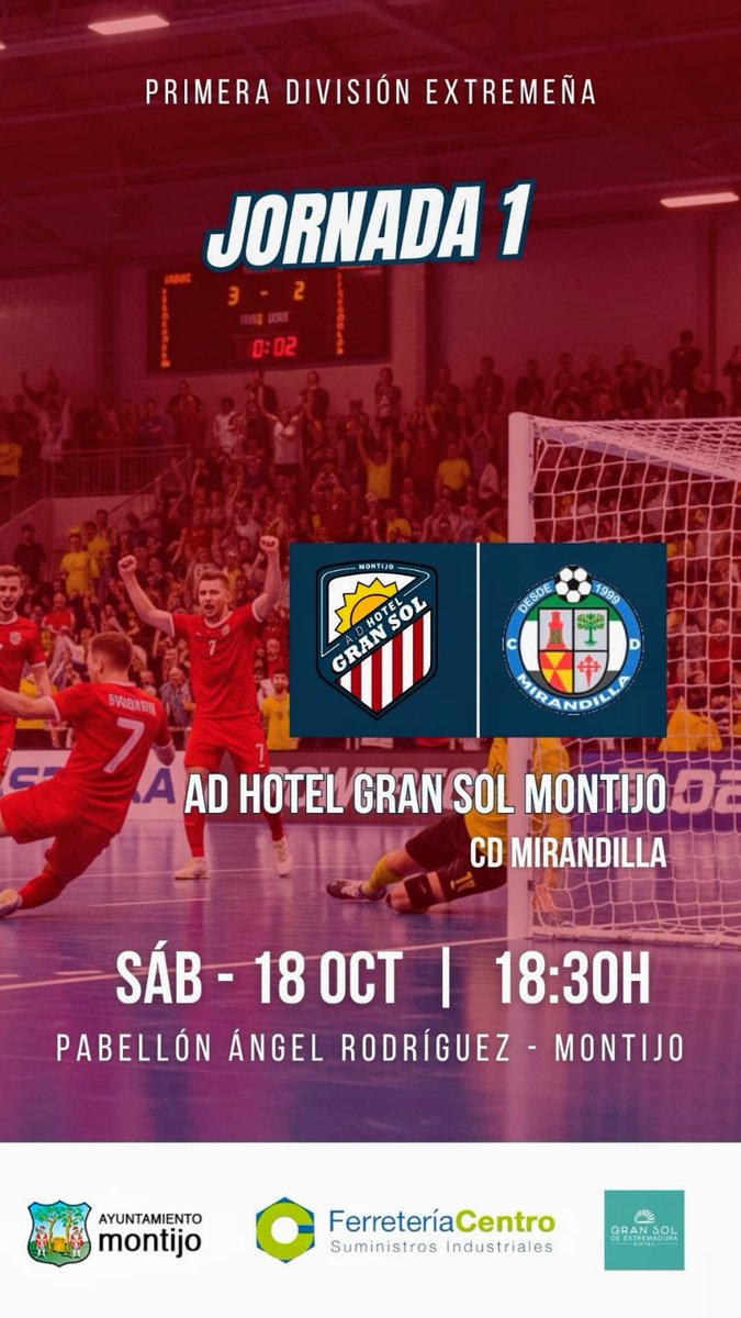 Buenas a tod@s empezamos la liga 25/26, jugando en casa con nuestro público os esperamos para animar a la roja. 
Partido 1 jornada SABADO 18 A LAS 18:30H
AD Hotel Gran Sol Montijo FS vs CD MIRANDILLA, ¡¡Entrada gratuita!!