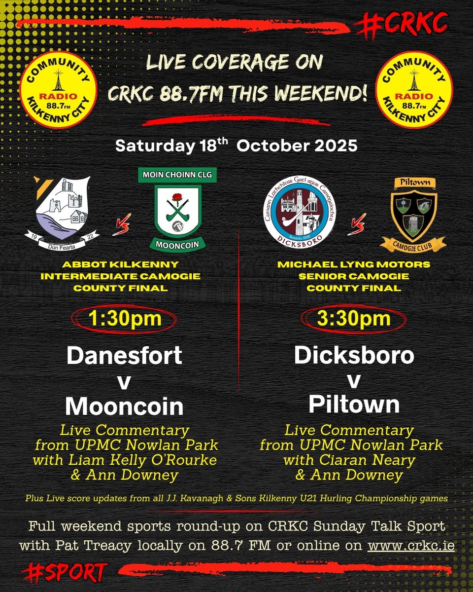 Live sport on this Sat. with the CRKC Sports Team - Join us LIVE from UPMC Nowlan Park from 1.30 p.m. - Senior &amp; Intermediate Camogie Finals <a href="/CRKC1/">CRKC 88.7FM</a> <a href="/crkcsport/">CRKC Sport 📻</a> <a href="/treacy_pat/">KCR Sport</a> <a href="/nickeybrennan/">Nickey Brennan</a> <a href="/liam_kor/">Liam Kelly O’Rourke</a> <a href="/CiaranNeary/">Ciaran Neary</a> <a href="/CiarnMuldowney/">Ciarán Muldowney</a> <a href="/ButlersHurleys/">Butlers Hurleys</a>