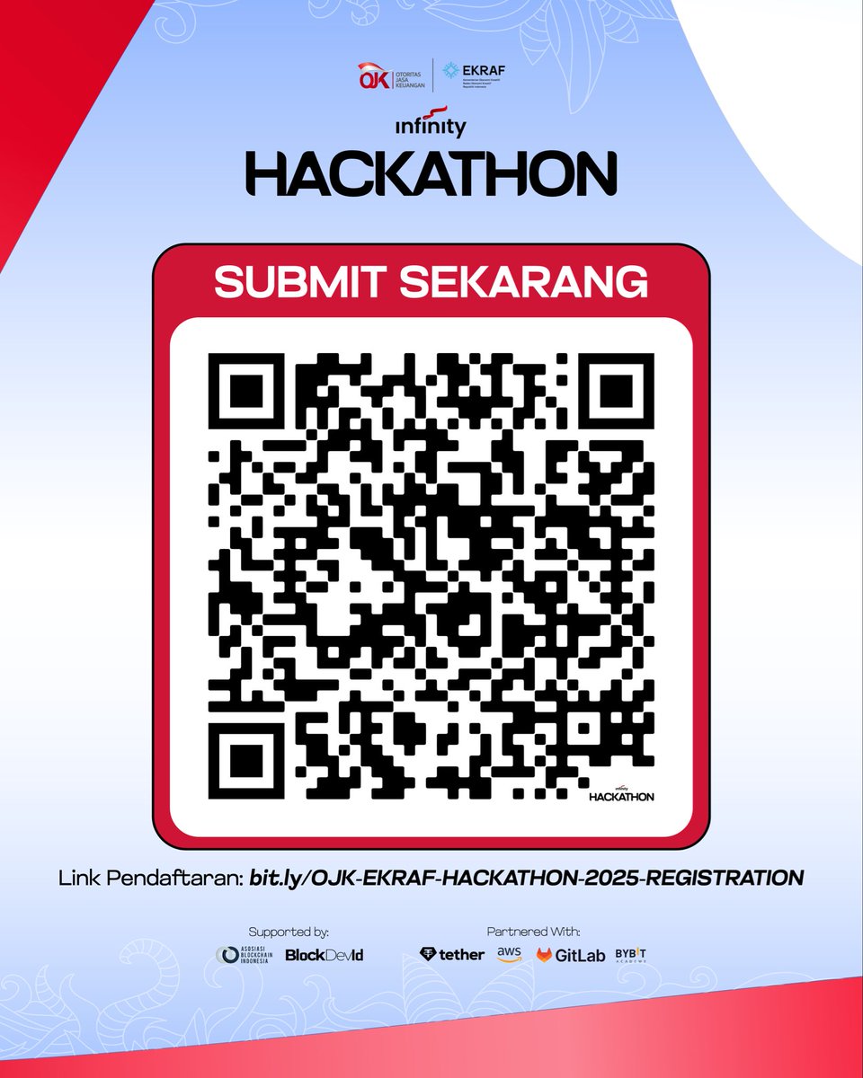 H-7 menuju penutupan submission Infinity Hackathon by <a href="/ojkindonesia/">OJK Indonesia</a> &amp; <a href="/ekraf_ri/">Kementerian Ekonomi Kreatif RI</a>.

Segera finalisasi project dan lengkapi dokumen timmu. 

Setelah submit, kamu masih bisa edit sebelum final review.
🗓 Deadline: 22 Oktober
🔗 Daftar &amp; submit: bit.ly/OJK-EKRAF-HACK…