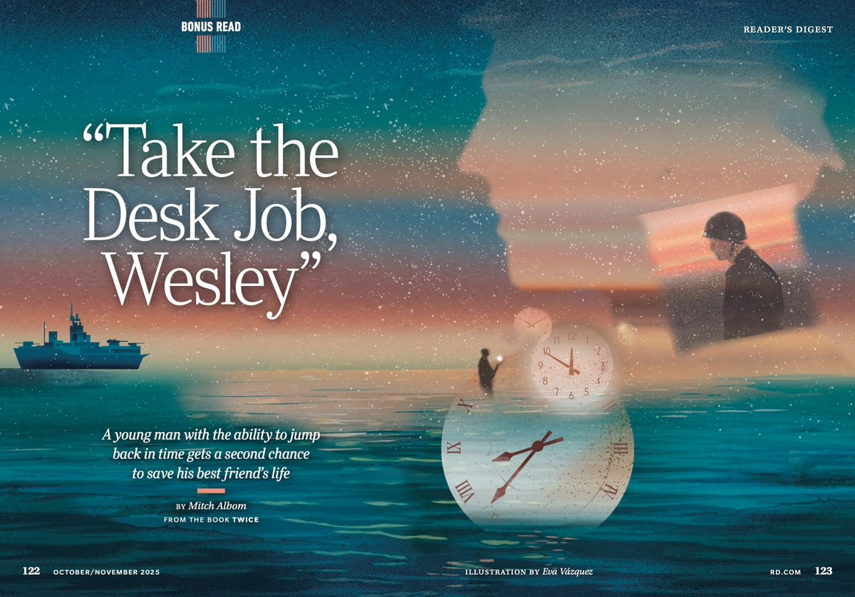 <a href="/VazquezEva/">Eva Vázquez Dibujos</a> illustrated this characteristically dreamy piece for <a href="/readersdigest/">Reader's Digest</a> — an excerpt from Mitch Albom's book "Twice" in which a young man with the ability to jump back in time gets a second chance to save his best friend's life. 

See more: rappart.com/artists/eva-va…