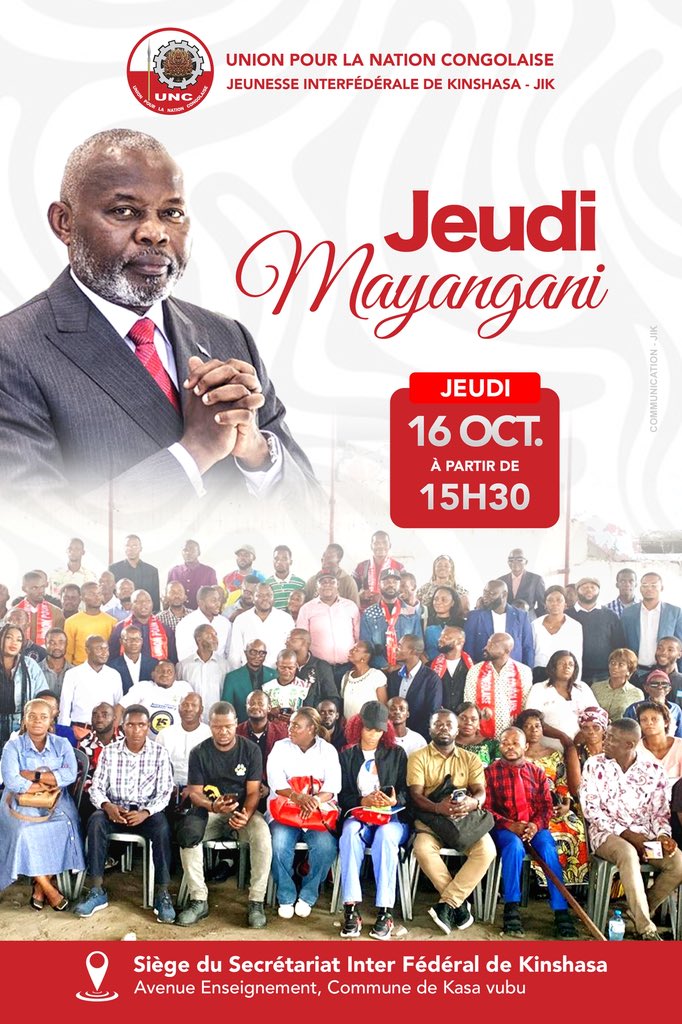 #EchoJIK #URGENT ‼️

Chers camarades jeunes,

Face aux enjeux de l’heure, Retrouvons-nous demain JEUDI 16|10|2025 à 15 H 30 au siège de l’Interférération de Kinshasa sur avenue de l’Enseignement.

Cordiale bienvenue à tous et à chacun dans le respect de l’heure.

<a href="/JolMongu2/">Prés. Joël MONGU</a>