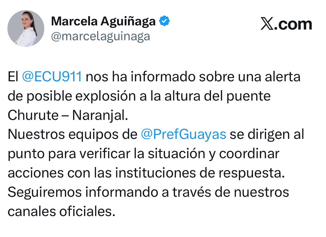 ecuainm_oficial's tweet image. ‼️#URGENTE
La prefecta del Guayas, Marcela Aguiñaga, informó que el ECU-911 reportó una alerta de posible explosión en el sector del puente Churute–Naranjal. Equipos de la Prefectura del Guayas se desplazaron hacia el punto para verificar la situación y coordinar acciones con las…