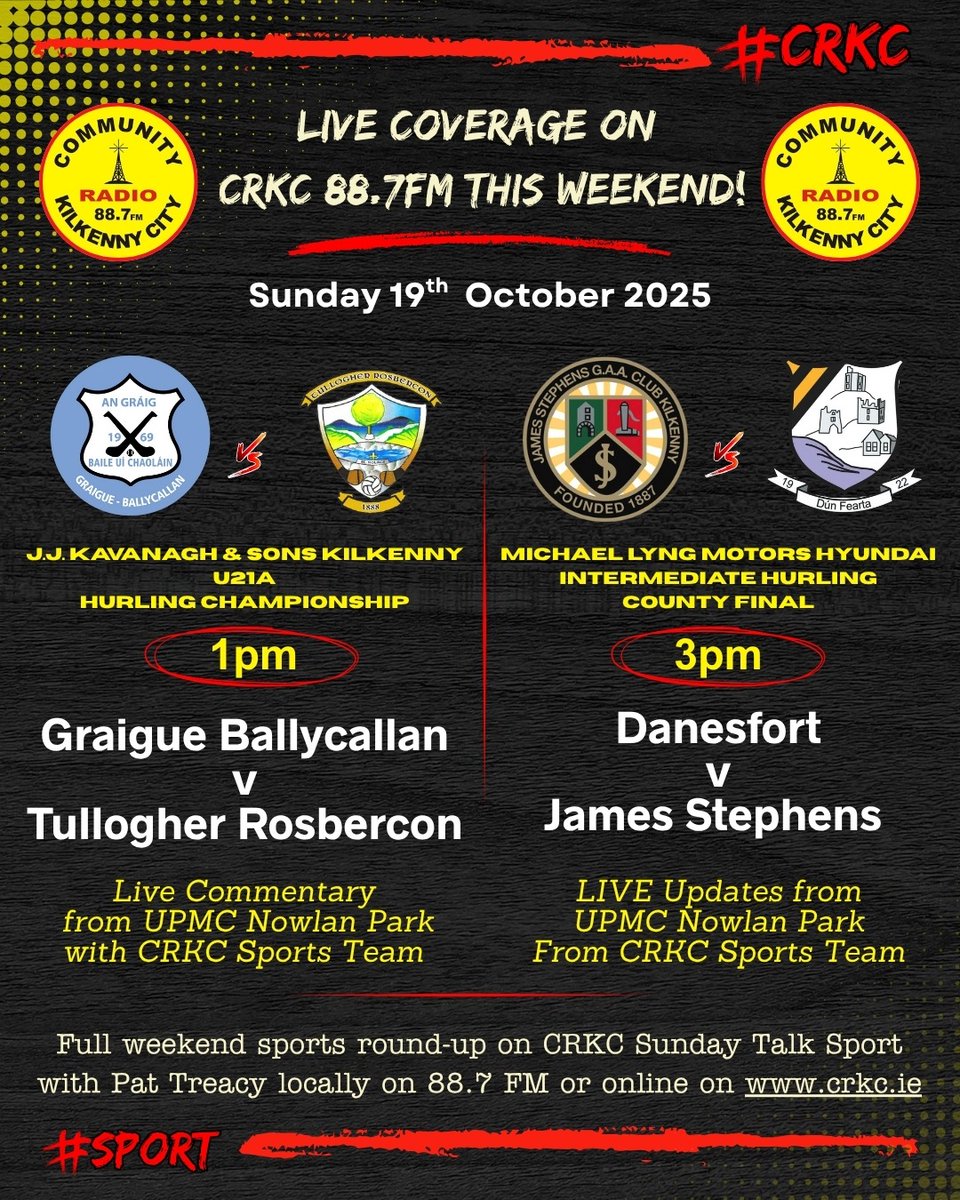 Live sport on this Sun. with the CRKC Sports Team - Join us LIVE from UPMC Nowlan Park from 1.00 p.m. - Intermediate County Final + U21A Championship  <a href="/CRKC1/">CRKC 88.7FM</a> <a href="/crkcsport/">CRKC Sport 📻</a> <a href="/treacy_pat/">KCR Sport</a> <a href="/nickeybrennan/">Nickey Brennan</a> <a href="/liam_kor/">Liam Kelly O’Rourke</a> <a href="/CiaranNeary/">Ciaran Neary</a> <a href="/CiarnMuldowney/">Ciarán Muldowney</a> <a href="/ButlersHurleys/">Butlers Hurleys</a>