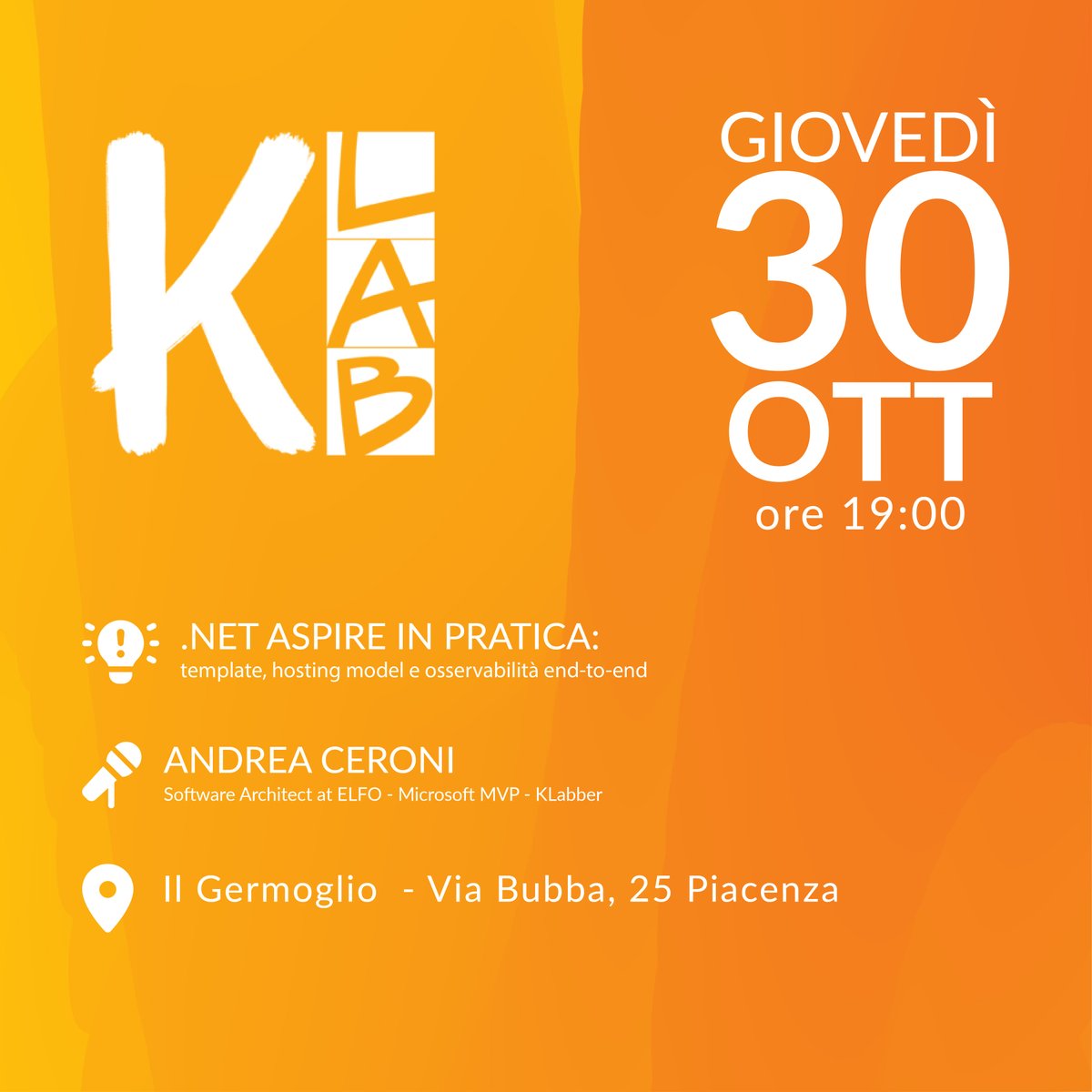 🟠 Ti sei già iscritto al KLab del 30 ottobre?

Ti aspettiamo a Piacenza insieme ad Andrea Ceroni per una serata di knowledge sharing e networking.

Info e biglietti: klabcommunity.org/net-aspire-in-…

Non puoi mancare!!!