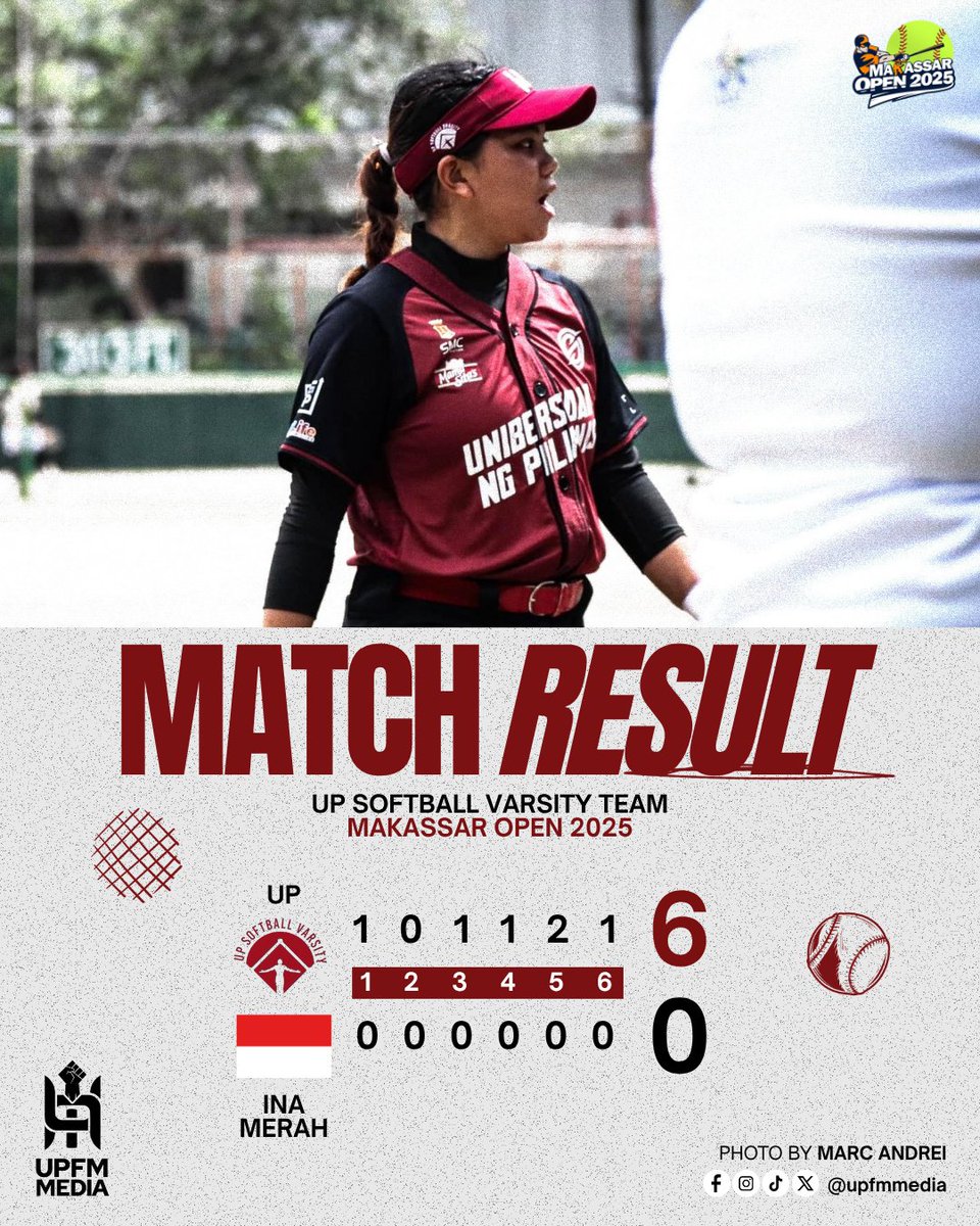 upfmmedia's tweet photo. INDI NAGPAHULI SA INDONESIA 🔥
The #MakassarOpen2025 reigning queens win 3 in a row as the @up_softball Varsity Team stamped its mastery on INA (Merah), 6-0 🥎🙌🏼
#UPFight✊🏼 #StrongerWithAllSports💪🏼 #UPSoftball https://t.co/Msckcf9XRd