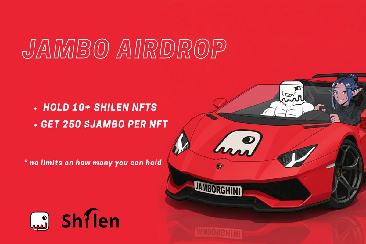 $JAMBO Airdrop for Shilen NFT Holders 🧝‍♀️

Criteria:
• Hold 10+ Shilen NFTs
• Get 250 $JAMBO per NFT — no limits on how many you can hold. Whether it’s 10, 20 or 50+, you’ll receive rewards for each 

📸 Snapshot: Today at 23:59 UTC
🛍 NFTs must be held in your wallet (not on